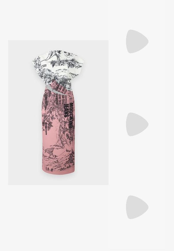 MOSCHINO JEANS URBAN - Koktajl obleka/za zabavo - fantasia rosa; Bela kratka majica s kratkimi rokavi iz rebrastega materiala. Okrogla ovratnica, običajen kroj in subtilni šivi. Brez vzorcev ali grafik.; Črne usnjene balerinke z zaobljenim nosom, gladko teksturo, minimalnimi šivi in fleksibilno zasnovo podplata.; Rjava usnjena torbica s poklopcem, zlato obarvani okovi, naramnica in gladka tekstura. Kompaktna pravokotna oblika.
