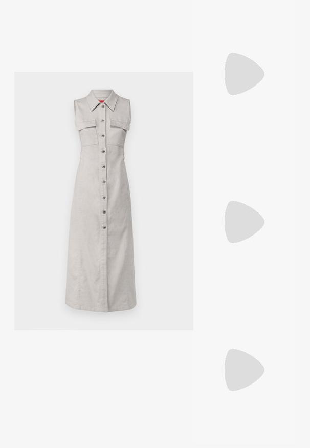 MAX&Co. VANNA - Rochie tip cămașă - light grey; Sandale albe cu toc mic, curele subțiri și o textură netedă din piele; prezintă o cataramă decorativă mică.; CHLOÉ CARLINA OVERSIZED ROUND METAL SUNGLASSES - Ochelari de soare - gold-coloured/brown; Geantă țesută bej cu un mâner curbat, suprafață texturată și un detaliu de franjuri maroniu. Prezintă o formă moale, de tip hobo.