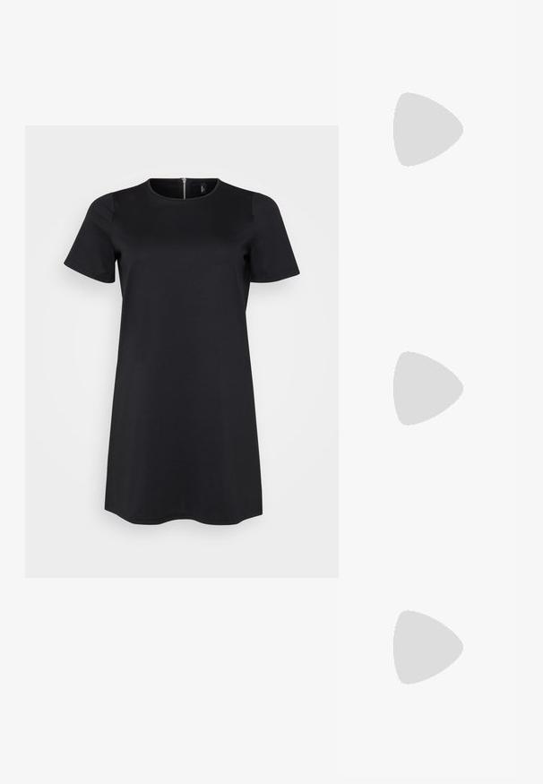 Black short-sleeve dress with a round neckline and a zip fastening at the back. Made from a smooth, stretchy fabric for comfort.; Black leather ballet flat, pointed toe, minimalistic design, smooth texture, low-profile heel, no visible hardware or embellishments.; Black leather crossbody bag featuring a smooth texture, rectangular shape, and a metallic chain detail on the front. Adjustable strap included.; Silver drop earrings with a square stud, featuring a smooth, polished finish and a teardrop shape, reflecting light with a glossy surface.