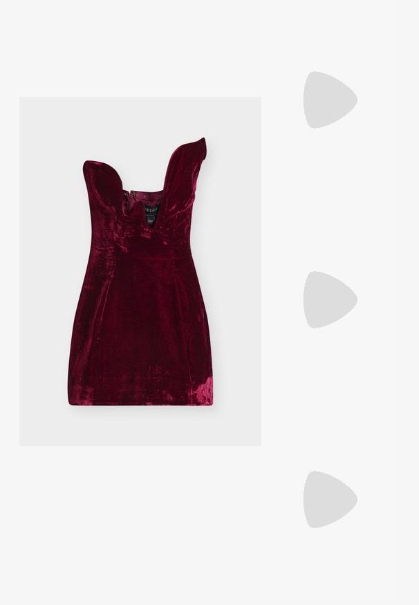 Burgundy velvet dress with a deep V-neck, sleeveless design, and side zipper. Smooth texture with a fitted silhouette.; Black patent leather slingback heels with a pointed toe and a small block heel, featuring a silver buckle accent on the strap.; Black leather handbag with a curved shape, detachable strap, and gold hardware. The bag features a flap with a buckle detail.; Gold-tone ring featuring an organic, twisted design with smooth texture and tapered ends, creating a modern, sculptural appearance.