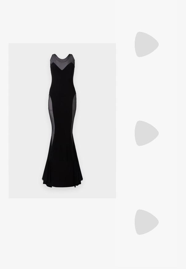 Abito maxi nero con pannelli in rete trasparente sulla parte superiore e sui lati. Silhouette aderente con orlo svasato. Tessuto liscio e colore solido.; Slingback con tacco in vernice nera con punta affusolata, caratterizzato da una stampa a serpente testurizzata, cinturino regolabile e un tacco corto e testurizzato.; Borsa a tracolla nera in pelle con due tasche frontali, fibbie dorate, chiusura con zip e una tracolla sottile. Superficie texturizzata e forma rettangolare compatta.; Orecchini a cerchio in metallo color oro con forma curva ed allungata. Presentano una superficie liscia e lucida e una punta arrotondata per un tocco di dettaglio in più.