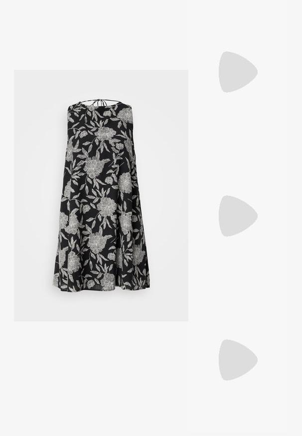 Robe sans manches noire avec un motif floral blanc, présentant une silhouette ample et une fermeture à nouer à l'arrière. Texture de tissu léger.; Sandales en cuir noir avec un design à brides croisées, semelle plate et texture lisse. Esthétique minimaliste et monochrome.; Trois paires de lunettes de soleil rectangulaires : une rose, une blanche, une noire. Toutes ont des verres teintés et une monture en plastique brillant.; Boucles d'oreilles en or avec une finition lisse et brillante. Design circulaire présentant un petit clou et une attache transparente pour un port sécurisé.