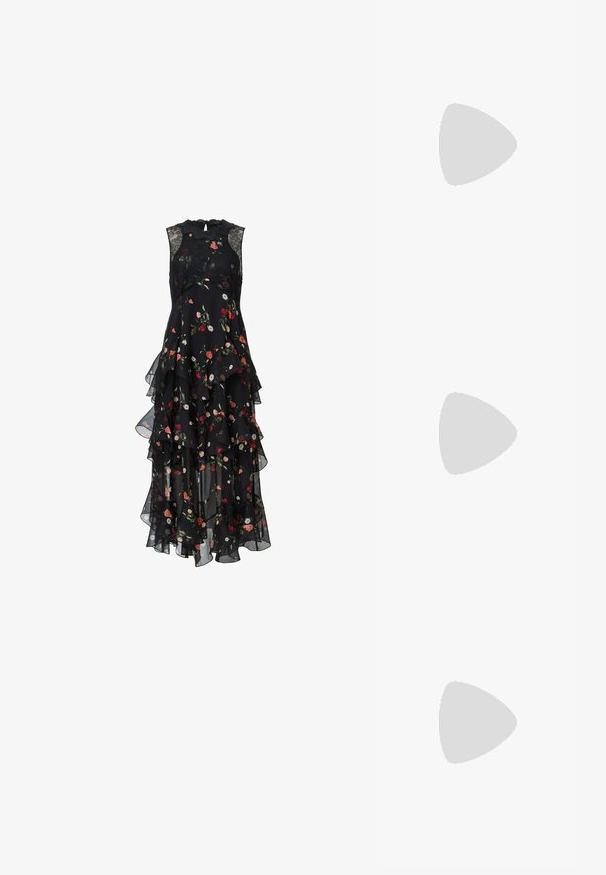 Black floral dress with layered ruffles, sleeveless design, lace accents at the neckline, featuring a mix of red, pink, and white flowers.; Silver slingback high heel shoe with a pointed toe, metallic finish, two decorative straps, and a slender heel with a black tip.; Black oversized sunglasses with gradient lenses, thick frames, and gold-tone chain detailing on the temple arms.; Set of 16 silver bangles with various textures, including smooth, twisted, and beaded patterns, arranged in four rows on a white background.