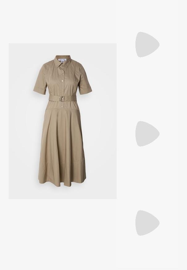 Khaki belted shirt dress featuring a collar, short sleeves, button closure, and a flowing skirt with subtle pleats. Smooth cotton fabric.; Black leather slingback shoe with pointed toe, slender heel, and gold-tone hardware accent on the vamp. Smooth texture and structured design.; Black leather handbag with textured finish, angular shape, dual handles, and an adjustable shoulder strap. Features a DKNY logo accent.; Silver metal hoop earrings with a smooth, shiny surface and a structured, rounded design. Features a hinged clasp for secure wear.