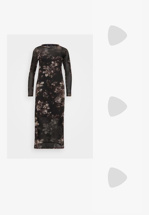 Čierne kvetinové šaty s dlhými rukávmi, priesvitným prekryvom a priliehavým strihom. Majú okrúhly výstrih a tmavohnedé kvetinové vzory.; Čierne lakované kožené sandálové podpätky s špicatou špičkou a geometrickým blokovým podpätkom. Disponujú elegantným, minimalistickým dizajnom a hladkým povrchom.; Hnedé želvovinové okuliare s oválnymi sklíčkami, tenkými ramenami a priesvitnými akcentmi. Obsahujú jemný logo na stranici. Štýlový, ľahký dizajn.; Čierna kožená kabelka s zaobleným tvarom, odnímateľným popruhom a zlatými doplnkami. Kabelka má klopu s detailom s prackou.