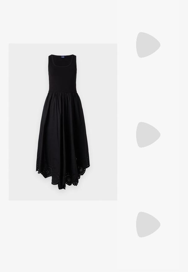 Black sleeveless dress with a fitted top and a flowing skirt. The hem features eyelet detailing for added texture and design interest.; Black patent leather slingback heels with a pointed toe and a geometric block heel. Features a sleek, minimal design and smooth texture.; Black leather handbag with a rounded shape, thick handle, and a silver chain strap. Smooth texture with a slight sheen.; Gold-tone hoop earrings with a smooth, polished finish. Features a half-circle shape and a secure post closure.