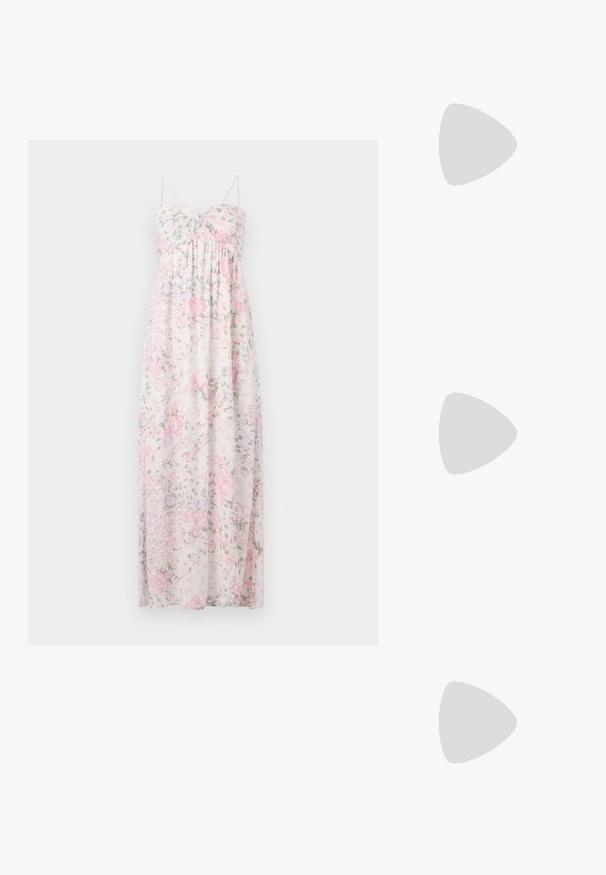 Robe maxi en tissu léger et transparent. Présente un motif floral en rose, violet et vert. Bretelles spaghetti, décolleté coeur, et détails froncés.; T-shirt en coton blanc avec un grand graphisme de homard rouge vif sur le devant. Manches courtes et design à col rond standard.; Baskets montantes en toile blanche avec semelle en caoutchouc noir, capuchon en caoutchouc à l'avant, et six œillets pour les lacets, présentant un design épuré et minimaliste.; Sac à main en cuir rouge avec un design angulaire et géométrique. Il dispose d'une seule sangle ajustable et d'une fermeture à rabat avec un detailing cousu.
