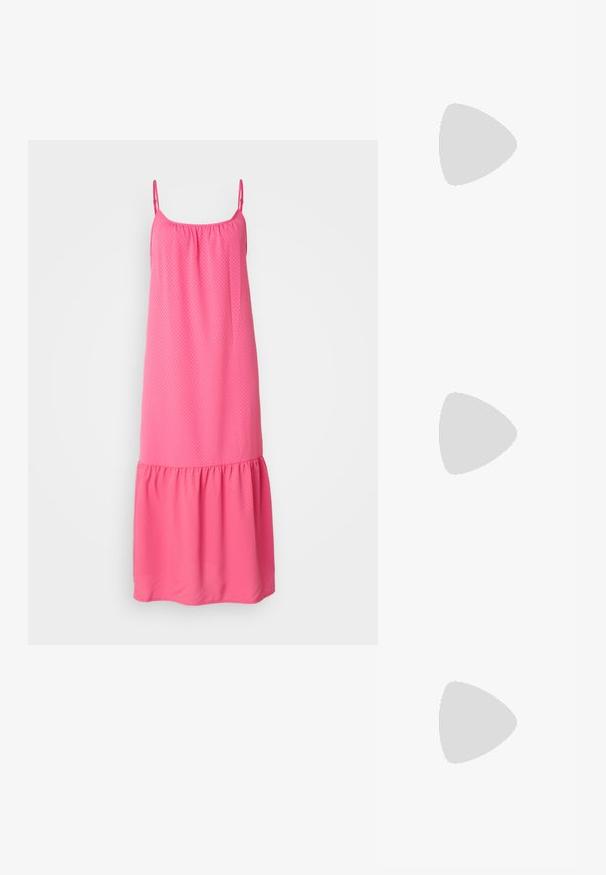 Ροζ αμάνικο φόρεμα με συγκεντρωμένο ντεκολτέ, υφή ύφανσης και φουσκωτό στρίφωμα. Διαθέτει λεπτές ρυθμιζόμενες τιράντες και σχήμα Α.; Σανδάλια slingback σε λευκό δέρμα με πολλές φαρδιές ζώνες και ασημένιες αγκράφες; επίπεδη σόλα με μικρή μαύρη φτέρνα και μεταλλικά αξεσουάρ.; Μαύρα ορθογώνια γυαλιά ηλίου με σκούρους φακούς, γυαλιστερές πλαστικές βάσεις και χρυσές λεπτομέρειες στους κρόταφους. Μινιμαλιστικός σχεδιασμός και κομψό σχήμα.; Χρυσά σκουλαρίκια κρίκοι με ομαλή, γυαλιστερή επιφάνεια. Κυκλικός σχεδιασμός που διαθέτει μια μικρή βάση και διαφανή στήριξη για ασφαλή χρήση.