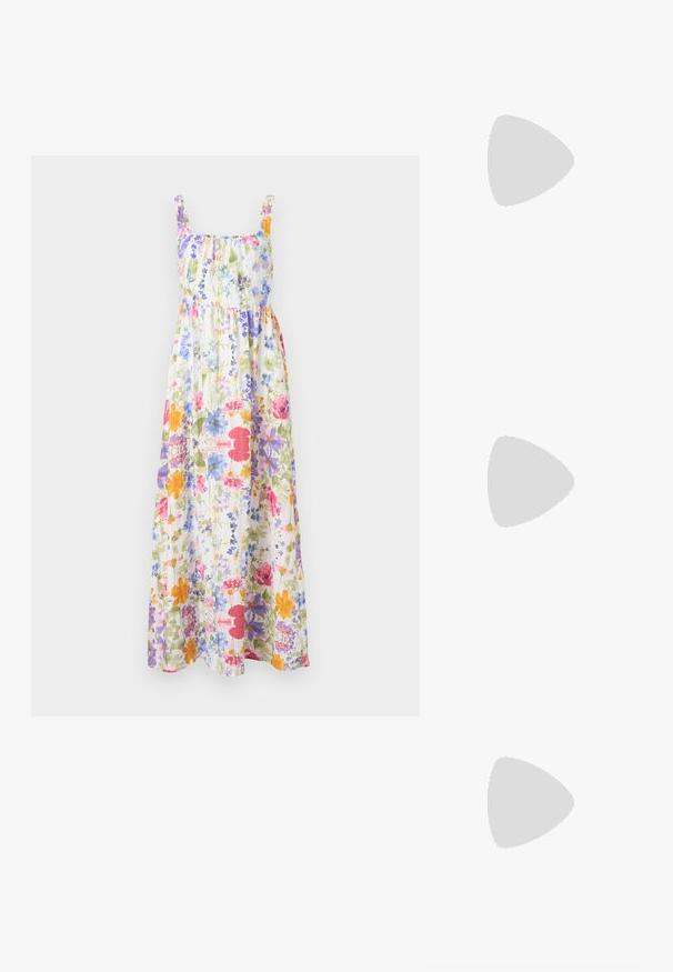 Kukallinen maxi-mekko joustavalla kaula-aukolla ja olkaimilla, jossa on värikkäitä kukkia vaalealla taustalla. Valaiseva kangas, rento istuvuus.; Valkoinen nilkkatakki korkokengät, joissa on suippo kärki, sileä pinta ja tukevat korot. Takana on ohut hihna, joka takaa turvallisen istuvuuden.; Kameleontin kuorilla varustetut aurinkolasit, joissa on ovaalit linssit, ruskeat sävyt, ohuet, tekstuurilla varustetut varsiosat ja kevyet muovikehykset.; Kudottu olkikassi kaarevalla siluetilla, jossa on sileä musta nahkaremmi ja siihen kiinnitetty yhteensopiva pieni pussukka rannekahvalla.