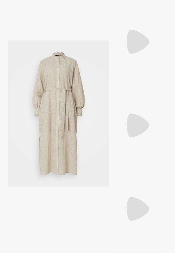 Beige, long-sleeve dress with a textured plant pattern, button front, high collar, and a tie belt at the waist. Lace trim at the cuffs.; Black leather ballet flat, pointed toe, minimalistic design, smooth texture, low-profile heel, no visible hardware or embellishments.; Black leather shoulder bag with a soft texture, triangular shape, and adjustable strap, paired with a light blue striped shirt and white pants.; Gold hoop earrings with a smooth, shiny finish. Circular design featuring a small post and clear backing for secure wear.