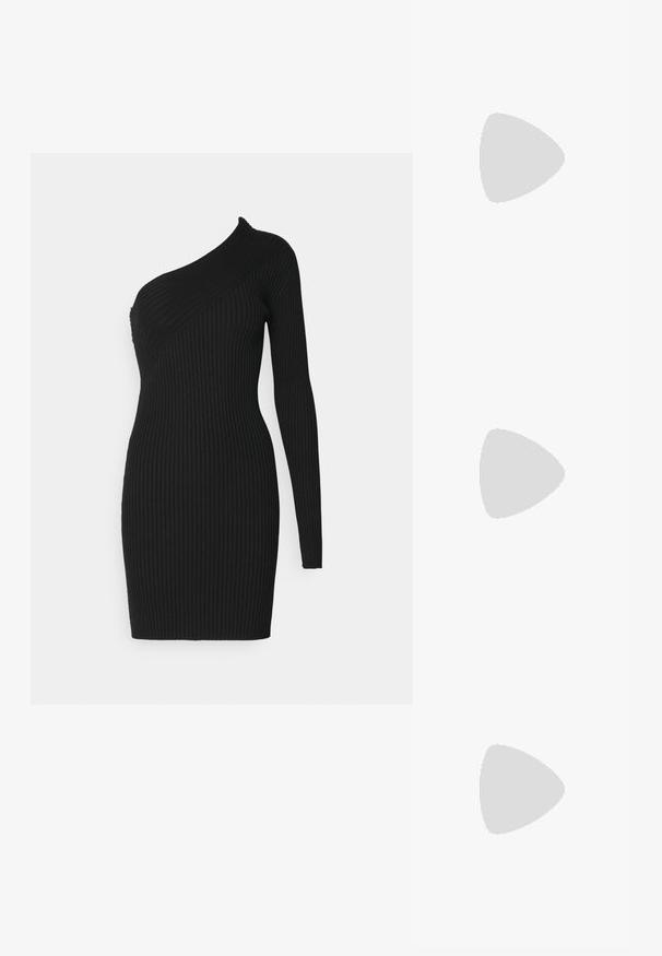 Black ribbed knit dress featuring an asymmetric one-shoulder design, form-fitting silhouette, and long sleeve on one side.; Black leather sandal with thin straps, low block heel, and square toe. Features a buckle closure and smooth texture.; Black crocodile-patterned clutch bag with silver hardware, held against a textured gray background. Features a shiny surface.; Gold and silver drop earrings with a curved, elongated shape. Glossy finish with a smooth texture and minimalist design.