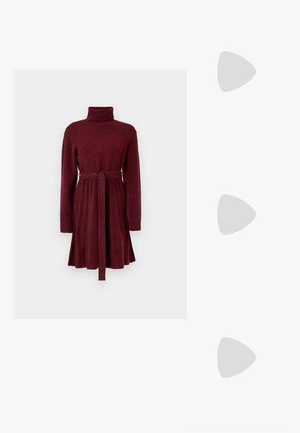 Rochie tricotată burgundă cu mânecă lungă, guler înalt și curea legată, având fustă plisată și manșete ribbed la mâneci.; Pantof cu toc înalt și vârf ascuțit, cu o schemă de culori argintii, aurii și nude. Finisaj lucios cu un design decupat, având un toc stiletto.; Pouch bag metalizat argintiu, cu o formă moale și rotunjită și un închidere de tip nod la partea de sus. Fabricat dintr-un material sintetic din piele netedă.; Cercei din argint cu un design torsadat, având un finisaj lucios și închidere cu tijă. Au un diametru de aproximativ 3 cm.