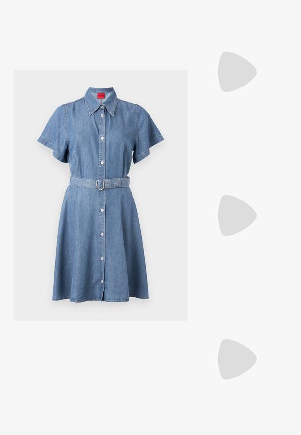 Denim shirt dress with short sleeves, collar, button front, cinched waist with a belt, in light blue, featuring a smooth texture and a flared skirt.; Black high-heeled sandals feature thin straps with a knotted design, a smooth square toe, and a sleek stiletto heel.; Light gray metallic handbag featuring a chain strap, embellished with small circular metallic studs and a triangular brand logo.; Silver hoop earrings with a smooth, shiny finish. Rounded shape, lightweight design, featuring a post-back closure.