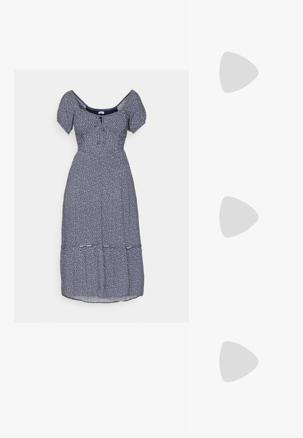 Mörkblå blommig klänning med korta puffärmar, fyrkantig halsringning och en knapprad fram. Har en flerlagerskjoldesign.; Vit slingbackklack med spetsig tå, slät ovandel, låg blockklack och sidoutskärning med justerbar spänne.; Runda solglasögon med mörka linser och guldramar. Modellen bär en ljusblå, ribbad cardigan med knappar och kontrasterande vita ärmar.; Michael Kors handledos i beige belagd kanvas med ett upprepande MK-logomönster, gyllene detaljer och ett avtagbart kedjehandtag.