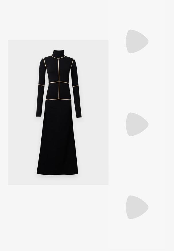 Rochie midi neagră cu mâneci lungi și guler fals, având detalii dintr-o țesătură crem în model de grilaj pe trunchi și fusta fluidă. Textura netedă a materialului.; Top alb cu dungi, cu decolteu rotund și detaliu metalic pe umăr. Textură moale, design ajustat și stil fără mâneci.; Jachetă puffer cu un model maro și negru, asortată cu o fustă mini din piele de șarpe maro, cizme negre până la genunchi și o geantă mică neagră.; Geantă de piele neagră cu un design curbat, dotată cu studuri argintii, o cataramă și două buzunare laterale. Curea ajustabilă pentru opțiuni de transport.