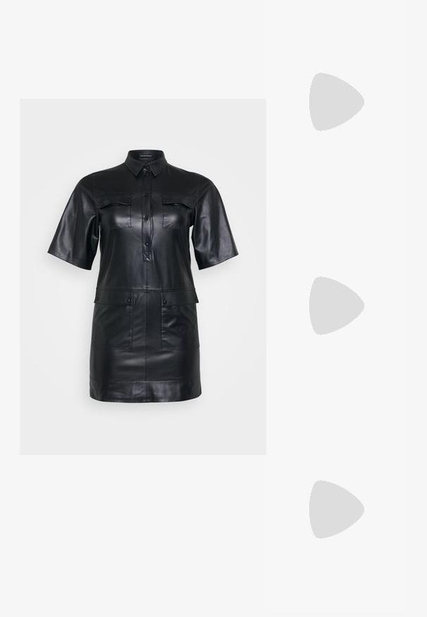 Μαύρο δερμάτινο φόρεμα πουκάμισου με κοντά μανίκια, κουμπιά μπροστά, δύο τσέπες με καπάκι στο στήθος και δύο τσέπες με καπάκι �στο κάτω μέρος.; Μαύρη λουστρίνι σανδάλι με τρεις λωρίδες, πόρπη στον αστράγαλο και τακούνι στιλέτο 10 εκ. Διαθέτει χρυσά μεταλλικά στοιχεία και λογότυπο.; Μαύρη δερμάτινη τσάντα ώμου με δύο μπροστινές τσέπες, χρυσά κούμπωματα, κλείσιμο με φερμουάρ και λεπτό λουρί. Υφή επιφάνειας και κομψό ορθογώνιο σχήμα.; Χρυσές μεταλλικές σκουλαρίκια κρίκοι με καμπυλωτό, ελκυστικό σχήμα. Περιλαμβάνουν μια λεία, γυαλιστερή επιφάνεια και στρογγυλή άκρη για πρόσθετη λεπτομέρεια.