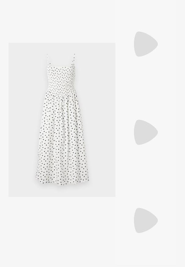 White midi dress with black polka dots, featuring a smocked bodice, thin shoulder straps, and a flowy skirt. Soft fabric with a light texture.; Silver metallic slingback sandal with a low heel, featuring crisscross straps and a smooth texture. Minimalistic design.; Black leather handbag with a curved shape, detachable strap, and gold hardware. The bag features a flap with a buckle detail.; Gold-tone metal earring with a sleek, curved design. Features a distinctive pointed shape, polished surface, and hinge closure.