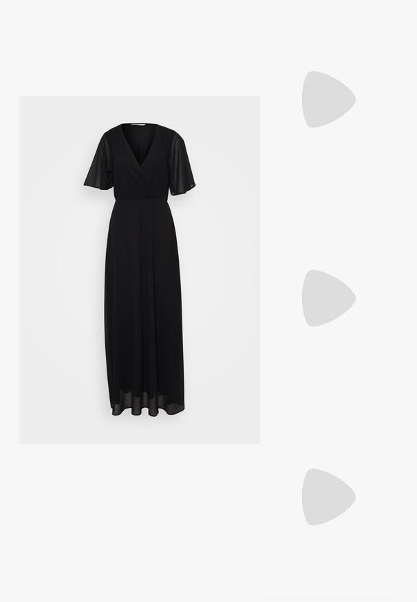Black maxi dress with short flutter sleeves, V-neckline, and gathered waist design. Fabric is smooth with a flowing silhouette.; Black leather ballet flat, pointed toe, minimalistic design, smooth texture, low-profile heel, no visible hardware or embellishments.; Black leather crossbody bag featuring a smooth texture, rectangular shape, and a metallic chain detail on the front. Adjustable strap included.; Silver drop earrings with a square stud, featuring a smooth, polished finish and a teardrop shape, reflecting light with a glossy surface.