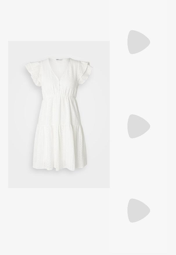 Bela obleka iz teksturirane tkanine z lukenčastimi detajli, kratkimi nabránimi rokavi, V-izrezom in zasnovo večplastne krila.; Bežna slingback čevlja z uskim sprednjim delom, črnimi detajli, zlatim zaponko in debelim blokovskim peto na sivi tleh s temno zeleno ozadje.; Rjavi gradient sončna očala s prozornim roza okvirjem, kvadratne oblike in tankimi kovinskimi ročaji. Imajo zaobljene robove in minimalne detajle.; Krema usnjena torba za ramo v obliki polmesecca, z tankim trakom in subtilnim šivom. Minimalističen dizajn z zlatimi kovinskimi dodatki.