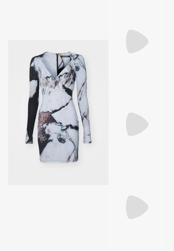 Long-sleeve dress featuring a marble print in white, black, and hints of pink, with a fitted silhouette and a deep V-neckline.; Black leather slingback shoe with a pointed toe, slim high heel, and a decorative bow accent. Smooth texture and sleek design.; Silver metallic shoulder bag with a smooth texture, curved design, chain strap, and a polished front panel featuring a subtle logo engraving.; Silver earrings with a flowing, spiral design. Smooth texture with a polished finish. Features a subtle sheen and no visible embellishments.