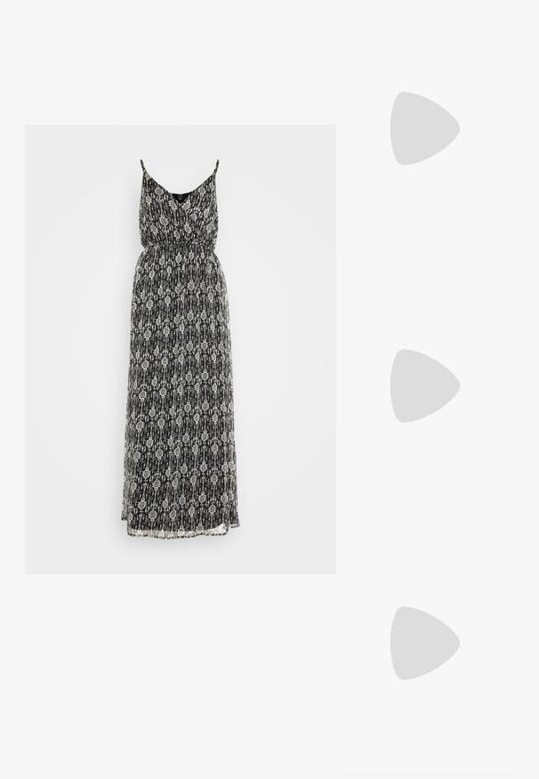 Rochie maxi în alb și negru, realizată dintr-un material ușor. Prezintă un model floral, bretele subțiri și o talie strânsă pentru a contura silueta.; Balerini negre din piele, decorati cu strasuri argintii. Include o curea peste glezna și un design cu vârf rotund.; Ochelari de soare dreptunghiulari albi, cu lentile închise la culoare, finisaj mat neted și brațe groase cu un design unghiular.; Cercei din argint în formă de cerc, cu un charm în formă de stea, având un rhinestone central; include o a doua pereche de cercei simpli din argint.