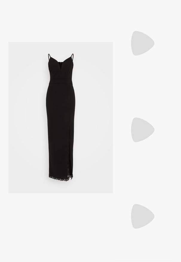 Juoda maxi suknelė su V formos iškirpte, plonais spaghetti tipo diržais, prigludusia liemene ir nėrinių apdaila šone. Lygus audinio paviršius.; Juodi patentinės odos slingback aukštakulniai batai su smailiu svogūnu, plona pakulne ir reguliuojamu sagtimi. Sklandus paviršius su minimaliais dekoratyviais elementais.; Juodas odinis krepšys su išlenkta forma, nuimamu dirželiu ir auksiniais detalėmis. Krepšys turi kilpą su sagtimi.; Trys auskarų poros: dideli balti perlų studai, auksinės auskarai su skaidriais brangakmeniais ir du ilgi tiesūs auksiniai akcentų auskarai su blizgančiomis detalėmis.