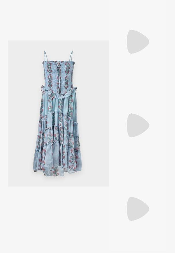 Floral maxi dress with blue striped fabric, smocked bodice, and ruffled hem. Features spaghetti straps and floral patterns in pink and green.; Cream-colored heeled sandals with an open toe, thick block heel, thin ankle strap, and subtle sheen finish. Buckle accent on strap.; Black leather handbag with a curved shape, detachable strap, and gold hardware. The bag features a flap with a buckle detail.; Gold-tone metal earring with a sleek, curved design. Features a distinctive pointed shape, polished surface, and hinge closure.