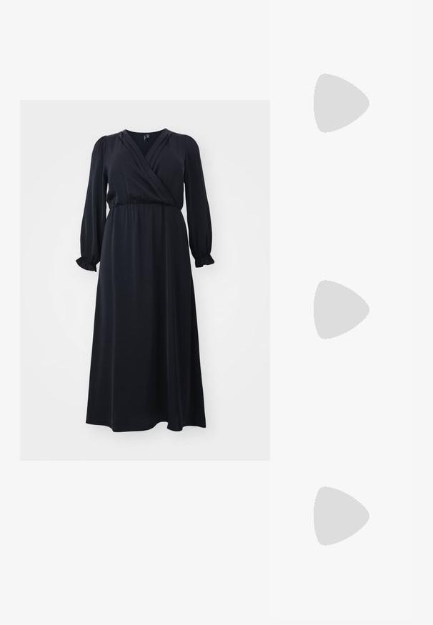 Vero Moda Curve VMCMARY ANKEL DRESS - Maxikjole - black; Sorte lærballerina med spiss tå, minimalistisk design, glatt tekstur, lav hæl uten synlig metall eller dekorasjoner.; Svart lær crossbody-veske med glatt tekstur, rektangulær form og metallkjede detaljer på framsiden. Justerbar stroppe inkludert.; Sølv dråpeøreringer med firkantet studs, med en glatt, polert overflate og en tåreformet design som reflekterer lys med en blank overflate.