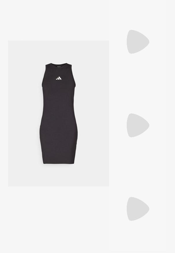 Abito senza maniche nero realizzato in morbido tessuto. Presenta una forma aderente e un logo bianco Adidas sul petto. Orlo dritto.; Scarpa con tacco alto tipo slingback in pelle verniciata marrone scuro lucido, punta affusolata, lati aperti e cinturino alla caviglia regolabile.; Occhiali da sole in tartaruga con lenti ovali, tono marrone, bracci sottili con un motivo testurizzato, montatura in plastica leggera.; Borsa a mano con stampa leopardata e base in finta pelle nera, manici superiori doppi, cerniera dorata e linguette in finta pelle nera accentuate. Forma rettangolare.; Anelli in resina trasparente e ambra, uno liscio e trasparente, l'altro con una finitura testurizzata in ambra. Entrambi presentano un design rotondo e corposo.