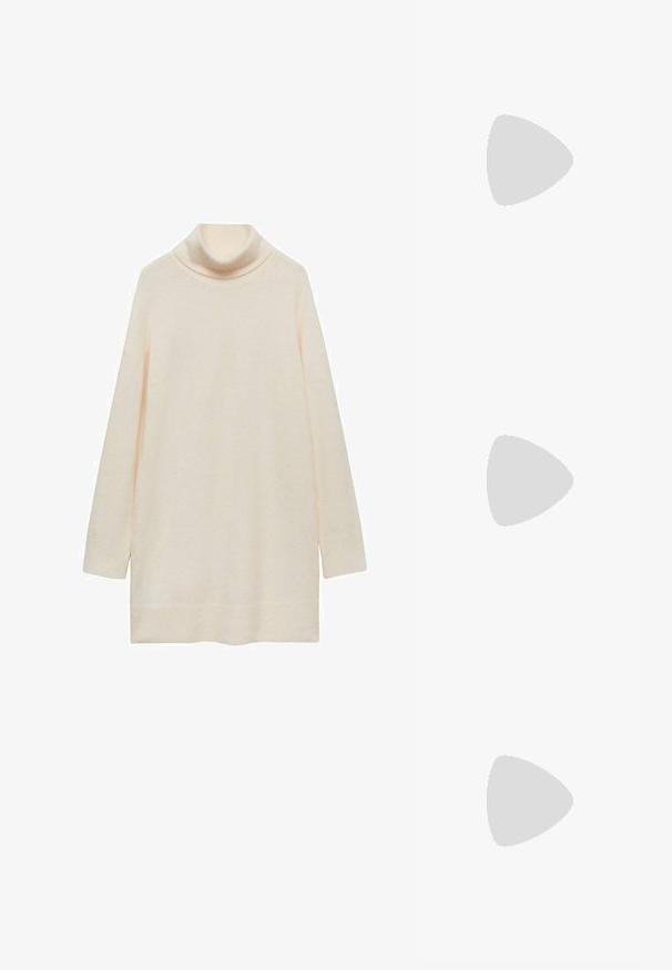 Maglione a collo alto color crema, maniche lunghe, texture morbida, vestibilità leggermente ampia, orlo curvo, senza motivi o dettagli. Il tessuto appare leggero.; Sandali in pelle vegana dorata con due cinturini regolabili, soletta in sughero e suola in gomma scura. Texture liscia con finitura metallica.; Occhiali da sole rettangolari con montatura in plastica tartarugata, lenti scure e dettagli argentati sui lati. Made in Italy.; Borsa a tracolla in pelle marrone con motivo logo, tracolla in catena dorata, chiusura con zip e dettagli in metallo dorato. Forma compatta e rettangolare.; Orologio rettangolare dorato con quadrante bianco, indicatori delle ore minimalisti e cinturino in metallo a rete. Presenta una corona laterale per la regolazione dell'ora.