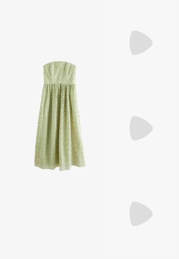 Next TALL - OCCASION BANDEAU  - Pidulikud riided - sage green; Beežist lakitud nahast slingback kontsad terava nina ja peene ruudukujulise kontsaga. Sile tekstuur ja minimalistlik disain ilma kaunistusteta.; Beige nahkristi kott, millel on lipsu detail, kuldne riistvara ja ühekordne reguleeritav rihm, kantud rohelise tikandiga jope kohal.; Kuldtoonis sõrmus, millel on orgaaniline, keerdunud disain sileda tekstuuri ja kitsenevate otstega, luues kaasaegse skulptuurilise välimuse.