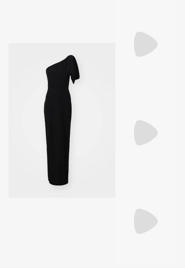Musta, vartalonmyötäinen mekko, jossa on epäsymmetrinen yksiolkaimellinen muotoilu ja puffi hiha. Valmistettu sileästä kankaasta, lattiaan ulottuva.; Mustat patenttimokkaiset slingback-korkokengät, joissa on terävä kärki, ohut korko ja säädettävä solkikiinnitys. Sileä pinta vähäisellä yksityiskohdalla.; Musta nailon olkalaukku, jossa on kaareva muoto, hopeinen ketjuviimeistely, irrotettava pikkupussi ja säädettävä hihna; sisältää "Steve Madden" -logon.; Kolme paria korviksia: suuret valkoiset helmetuoksut, kultaketjut, joissa on kirkkaat jalokivet, ja kaksi pitkiä, suoria kultakoristekorviksia, joissa on kimaltelevia yksityiskohtia.
