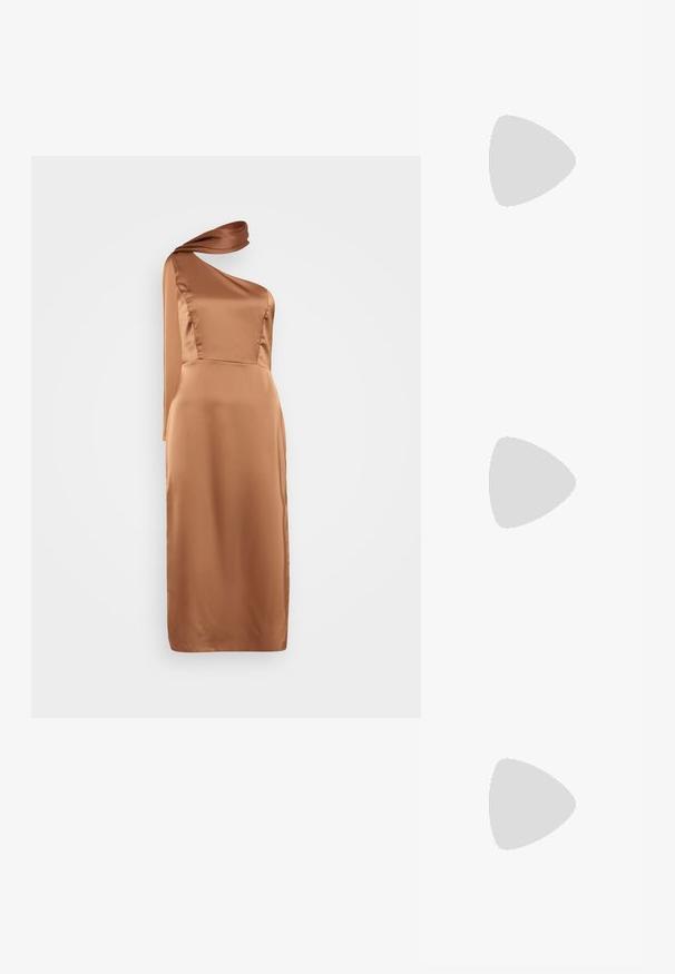 Ühe õlaga kleit siledast, keskpruunist satiinist. Üksik rinnaosa, põlvepikkune, õlal drapeeringu detailiga. Minimalistlik disain.; Mustad musta värvi kontsandaalid on varustatud peente rihmadega, millel on sõlmekujundus, siledad ruudukujulised varbad ja stiilne stilettokonts.; Mustad suured mustad prillid geomeetrilise kujuga, tumedate läätsedega ja kontrastse halli detailiga raamidel. Logo käe peal.; Hõbedased rõngaskõrvarõngad, millel on sile ja läikiv pind. Ümar kuju, kerge disain, millel on post-tagumise kinnituse süsteem.