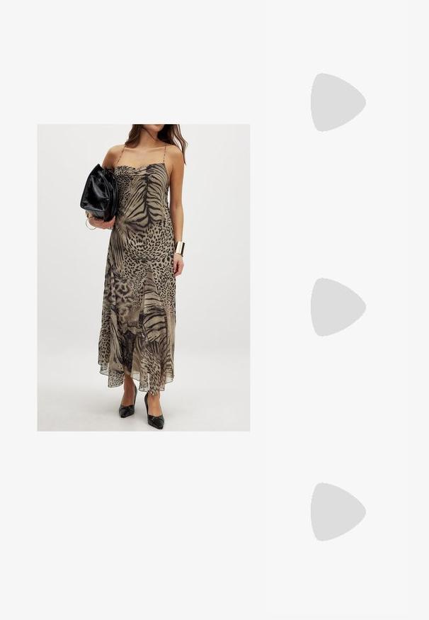 NA-KD Maxi šaty - animal print; Čierne ploché sandále s viacerými remienkami, ozdobené zlatými hardvérovými prvkami a hladkým povrchom. Nízky profil s vycpanou podrážkou.; Čierne slnečné okuliare s nadrozmernými zaoblenými rámami. Šošovky prechádzajú z tmavej do svetlej farby. Majú elegantný, lesklý povrch a diskrétne logo na stranách.; Čierna kožená taška cez rameno s textúrovaným povrchom, dvojitými rukoväťami a debosovaným logom "RL" na prednej strane. Obdĺžnikový tvar, minimalistický dizajn.
