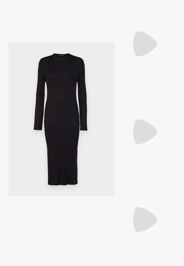 Pikadee pikkade varrukatega must ribakootud kleit, ümarate kaelustega ja kesk-põlve pikkusega. Omab keha ümber joonistavat disaini ja tekstuurset pinda.; Mustad mustad jalatsid ümmarguse varbaga, paksu plokkniidi ja elastsete külgdetailidega, kombineeritud tumedate sukkade ja musta lõhikuga seelikuga.; Mustad mustrakellad, millel on hallid šabloonid; valmistatud plastist, paksude ja siledate kätega, ilma nähtava riistvarata.; Hõbedased rõngastikkaehingad minimalistlikus disainis. Ümar kuju, sile tekstuur ja õhuke profiil. Kerged ning poleeritud viimistlusega.