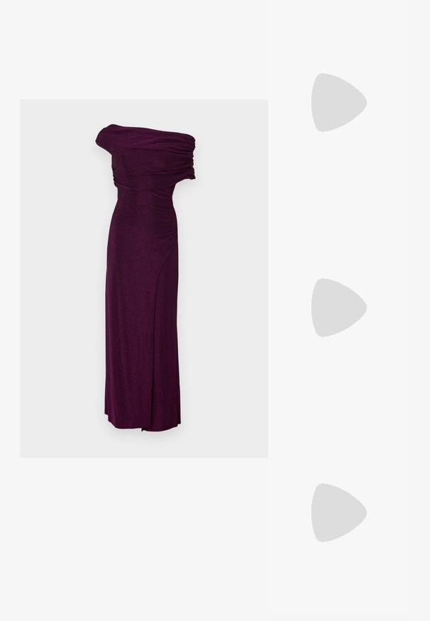 Diane von Furstenberg AGUSTIN DRESS - Koktel haljina / svečana haljina - metallic red purple; Crne lakirane slingback pete s oštrim vrhom, s teksturiranim uzorkom zmijske kože, podesivom remenom i kratkom, teksturiranom blok-petom.; Crna kožna torba preko ramena s dva prednja džepa, zlatnim kopčama, zatvaranjem na zip i uskim remenom. Teksturirana površina i kompaktan pravokutan oblik.; Zlatne metalne naušnice u obliku obruča s zakrivljenim, izduženim oblikom. Imaju glatku, sjajnu površinu i zaobljeni vrh za dodatni detalj.