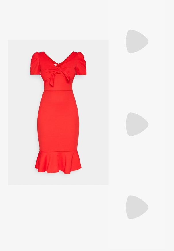 Punane sobiv kleit V-kaelusega, lühikeste puhvärvlitega, rinna peal paelaga ning laiendatud allääriga. Valmistatud siledast kangast.; Mustad läikivad nahast slingback-kõrged kontsad, millel on terav nina, ümar lõikekujundus ja blokknina. Omab kuldset nupu aktsenti.; Mustad ümarad päikeseglaasid, millel on gradient objektiivid, paksud raamid ja kuldse tooni kettaga kaunistused tempelitel.; Musthave must kott, millel on tekstuurne pind, kaks ülemist käepidet ja reguleeritav õlarihm. Omab kuldse tooni riistu ja külgtaskuid.