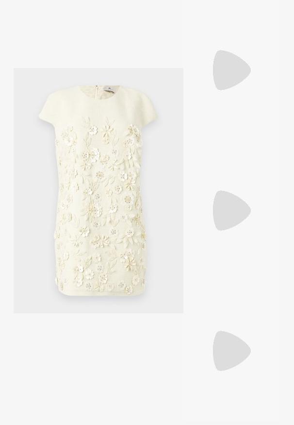 Floral embroidered dress in beige with textured fabric. Features cap sleeves, a round neckline, and decorative flower details with gemstone accents.; Black leather slingback heels with a pointed toe, featuring a slim heel and a gold-tone accent on the adjustable strap. Smooth texture.; Black leather shoulder bag with a soft texture, triangular shape, and adjustable strap, paired with a light blue striped shirt and white pants.; DKNY HEART DROP - Earrings - gold-coloured/cry