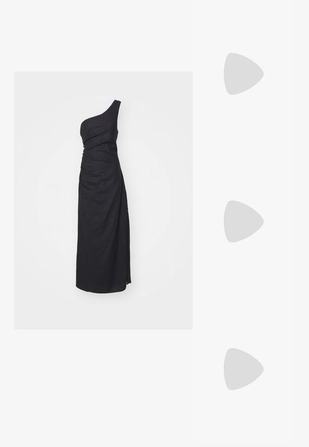 Black, one-shoulder dress made of linen, featuring a draped design and a side slit, emphasizing a sleek silhouette and smooth texture.; Black patent leather flat shoe with a squared toe, ankle strap featuring silver hardware, and flat sole. Smooth texture with minimalist design.; Maje MISS MINI - Cross body bag - noir; Gold-tone earrings with multiple cascading chains, featuring clear oval rhinestone accents and decorative stud tops.