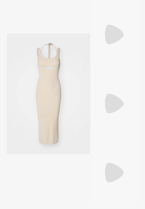 Beige knit midi dress with a fitted silhouette, square neckline, cutout detail, and adjustable straps. Smooth texture with a solid pattern.; Black short-sleeve cardigan made of soft fabric, featuring a pointed collar, button closure, and subtle branding on the sleeve.; Black leather sandal with thin straps, low block heel, and square toe. Features a buckle closure and smooth texture.; Tory Burch KIRA DIAMOND QUILT POWDER  - Cross body bag - black