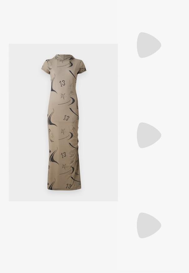 Lang beige kjole med hætte, prydet med abstrakte sorte mønstre og tallet 13. Tætsiddende design med korte ærmer. Glat tekstur.; Langærmet skjorte med knapper i blå med gule og orange abstrakte mønstre. Har en høj krave og rynkede detaljer foran.; Pufferjakke med et brunt og sort mønster, parret med en brun slangeskinds mini nederdel, sorte støvler op til knæet og en lille sort taske.; The Kooples SAC - Håndtasker - black