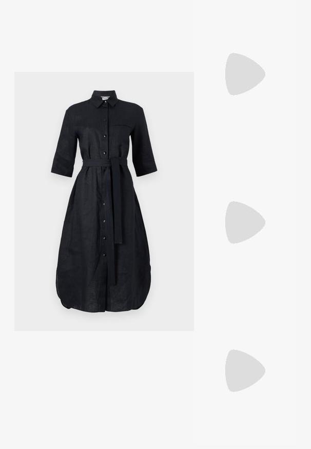 Mustast linast kleit lühikeste käistega, nööpides disain, ees tasku ja sama kangast vöö. Keskel lõhk hemline'is.; Must musta slingback-kand käptelastega, terava varvaga, minimalismi disainiga, õhuke pahkluu rihm ja sujuv stiletto-kõrgus. Sile tekstuur.; Pruun nahast käekott struktureeritud kujuga, millel on üks ülemine sang ja eemaldatav õlavarre rihm. Kuldne detail varustuses.; Kuldne tõmbekõrvarõngas väikese dekoratiivse sädeleva kivi aktsendiga. Kandnud otsejuuksega mudel, kes on kokku pandud valge kraega särkiga.