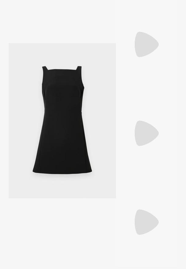 Schwarzes ärmelloses Kleid mit quadratischem Ausschnitt, enganliegendem Oberteil und weit schwingendem Rock. Aus glattem Stoff mit minimalistischem Design gefertigt.; Goldene, metallische Slingback-Absätze mit spitzem Zeh und dicker Ferse. Glatte Textur, minimalistisches Design und ein schmaler Riemen.; Schwarze Lederhandtasche mit geschwungener Form, abnehmbarem Tragegurt und goldenen Beschlägen. Die Tasche verfügt über einen Deckel mit einer Schnallen-Details.; Goldfarbene Creolen mit einer glatten, polierten Oberfläche. Sie haben eine halbkreisförmige Form und einen sicheren Stiftverschluss.