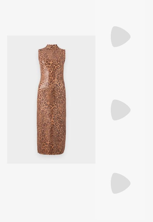 Bez piedurknēm midi kleita ar spīdīgu leopardu rakstu. Raksturīga augsta kakla izgriezne un pieguļošs siluets. Materiāls šķiet gluds un teksturēts.; Melnas augstpapēžu sandales ar plāniem siksniņām un mezgla dizainu, gluda kvadrātveida purngalu un elegantu stiletto papēdi.; Gaiši pelēka metāla rokassoma ar ķēdes siksnu, rotāta ar mazām apaļām metāla kniedēm un trīsstūra zīmola logo.; Sudraba riņķveida auskari ar gludu, spīdīgu apdari. Apaļas formas, viegla dizaina, ar aizdari uz stieples.