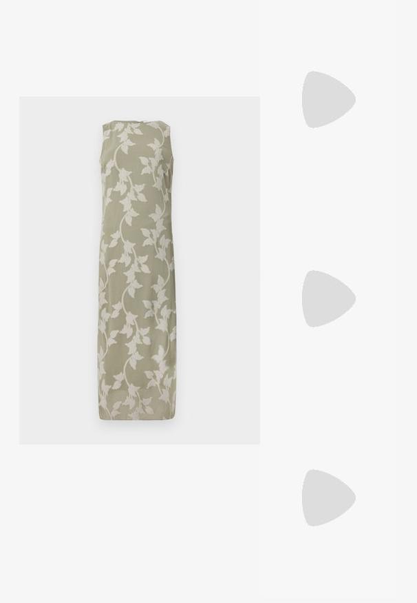 Bezrukávové šaty v olivovo zelenej farbe s bielou kvetinovou výšivkou, s rovným strihom a jemnou textúrou. Zapínanie na zips na zadnej strane.; Čierne slingback topánky s ostrou špičkou a nízkym opätkom, vyrobené z hladkej kože a s výrezmi na boku pre lepšiu priedušnosť.; Čierna kožená kabelka s zakriveným tvarom, úzkym pásom, strieborným zipsom a logom Calvin Klein na prednej strane. Hladká textúra a minimalistický dizajn.; Strieborné kruhové náušnice s hladkým a lesklým povrchom. Okrúhly tvar, ľahký dizajn, s uzáverom na kolík.