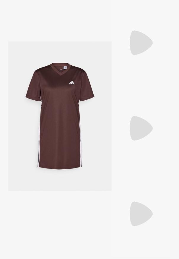 Brown athletic dress made of smooth fabric, featuring a V-neck, short sleeves, and white side stripes. The Adidas logo is displayed on the front.; Black patent slingback heel with a pointed toe, featuring textured snake print, adjustable strap, and a short, textured block heel.; Red acetate sunglasses with a geometric cat-eye shape, brown tinted lenses, and subtle metal accents near the hinges.; Brown leather handbag featuring cut-out circle patterns, top handles, detachable shoulder strap, gold hardware, and a small tag accent.