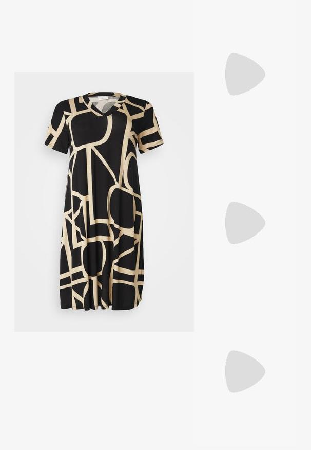 Black dress with short sleeves and V-neck. Features a beige abstract geometric pattern. Made from soft, stretchy fabric for comfort.; Silver strappy sandals with a flat black sole, featuring thin metallic straps and an adjustable ankle buckle. Smooth texture throughout.; Black oversized sunglasses with a geometric design, rectangular lenses, and glossy finish. No visible branding on the front.; Silver hoop earrings with a smooth, polished finish. Round shape and secure click-top closure. Lightweight design suitable for everyday wear.