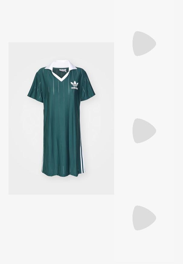 Zaļa īsām piedurknēm kleita ar baltu apkakli un trim baltām svītrām sānos. Iezīmē vertikālas svītraines un adidas logo uz krūtīm.; Melnas ādas lakotās potītes ar masīvu melnu zoli un dzelteno šuvju. Izvērsta cilpa aizmugurē un apaļie metāla acu caurumi.; QUAY AUSTRALIA BY THE WAY UNISEX - Saulesbrilles - champagne/brown; Sudraba riņķveida auss gredzeni ar gludu, pulētu apdari. Apaļa forma un drošs klikšķa augšējais slēgums. Viegls dizains, kas piemērots ikdienas valkāšanai.