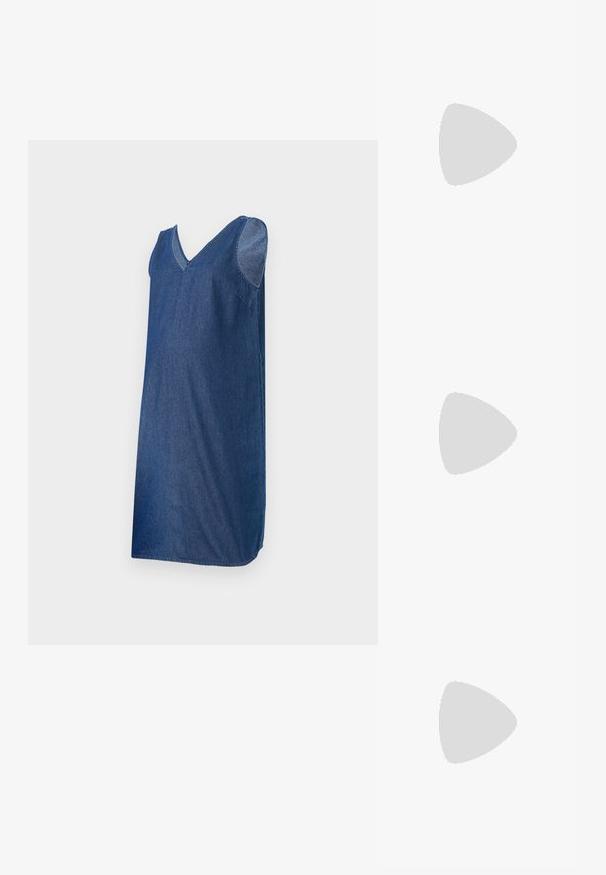 Denimkjole med V-hals og ermeløs design, med rett snitt og en jevn, mørk blå tekstur. Ingen synlige lukninger.; Brune lær cowboy støvel med spiss tå, broderte svirvlende mønstre på skaftet og en stablet blokk hæl. Har en trekksløyfe for enkel påkledning.; Brune, rektangulære briller med transparente glass og lilla nyanser. Glatt plastikkramme med rette templer og subtile detaljer.; Brun kunstlæder skuldertaske med buet form, minimal syning og detaljer i guld-tonet hardware. Har en top lynlås lukning og justerbar rem.