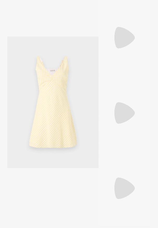 Yellow gingham dress with a v-neckline, fitted bodice, and flared skirt. Fabric has a smooth texture with white check patterns throughout.; Black patent leather slingback shoe with pointed toe, ankle straps featuring silver buckles and hardware, and a slender heel.; Gold metallic handbag with a structured design, smooth texture, and adjustable strap. Features a unique triangular shape and minimalist stitching.; Gold-tone earrings featuring textured, wavy shapes. Includes sculptural clip-on studs and open hoop design with a hammered finish.